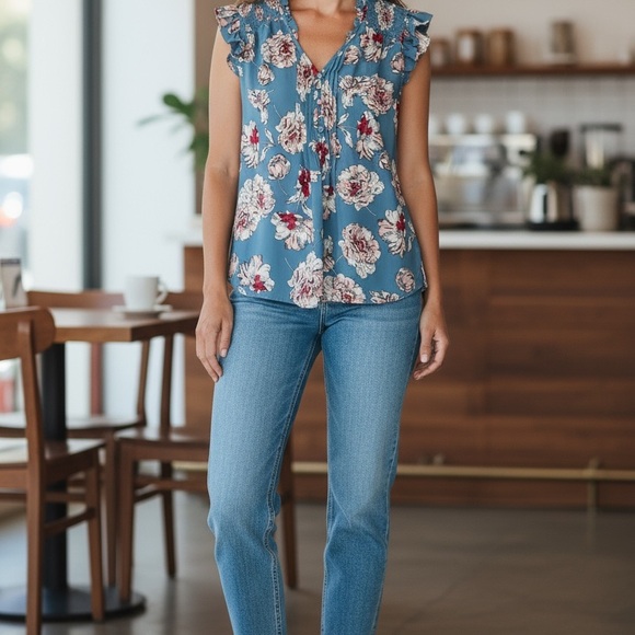 Daniel Rainn Tops - Daniel Rainn Floral Print Blouse Smocked Neckline & Ruffle Sleeves, Small